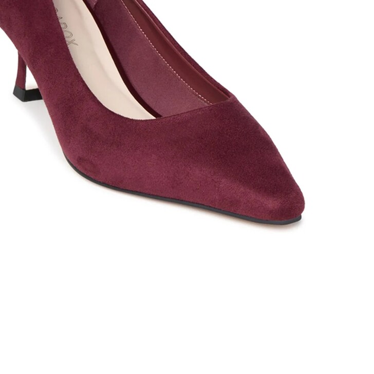 Paradox London Tova Burgundy Suede Flared Low Heel Court Shoes